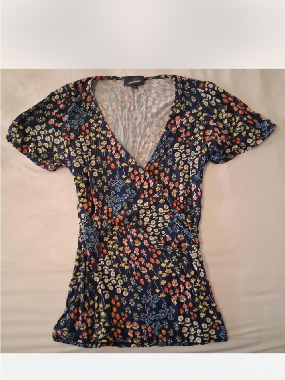 Modcloth Navy Floral Wrap V-Neck Short Sleeve Blouse